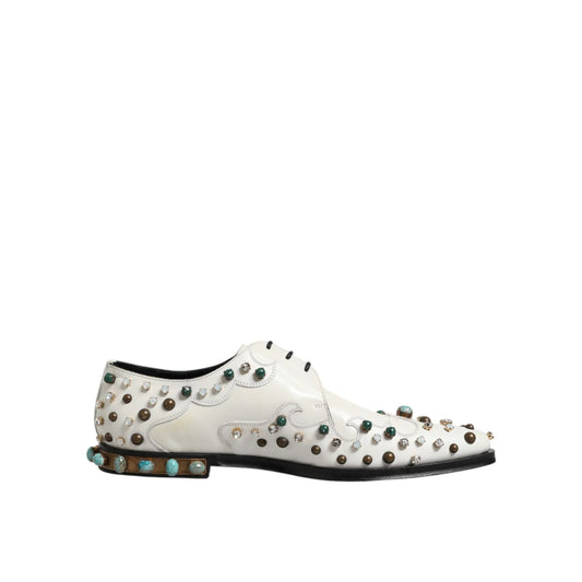 Dolce & Gabbana White Leather Crystals Embellished Derby Shoes Dolce & Gabbana