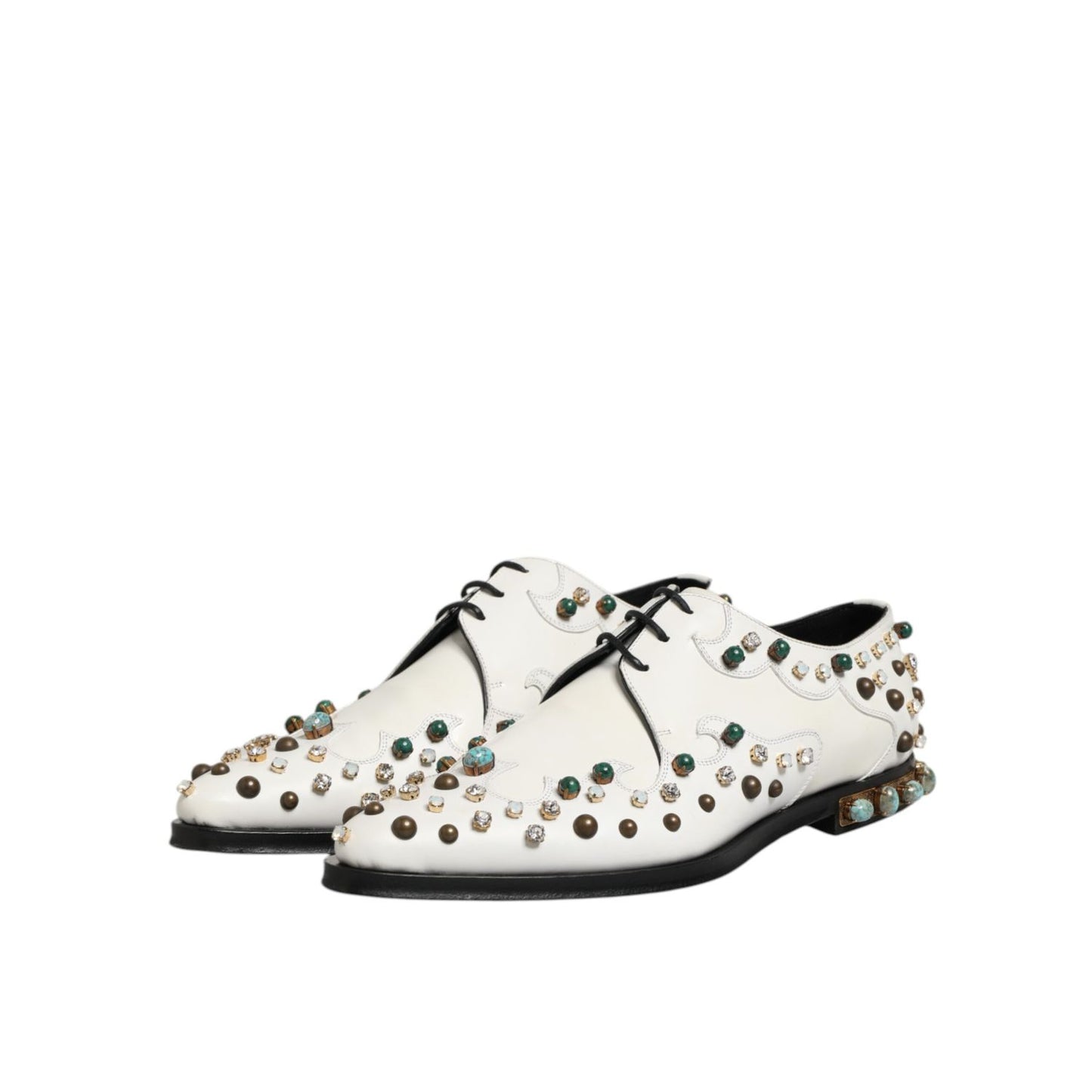Dolce & Gabbana White Leather Crystals Embellished Derby Shoes Dolce & Gabbana