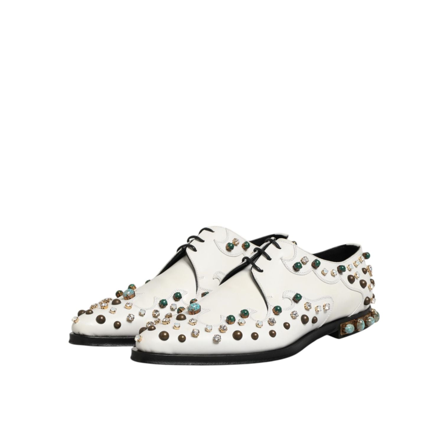 Dolce & Gabbana White Leather Crystals Embellished Derby Shoes