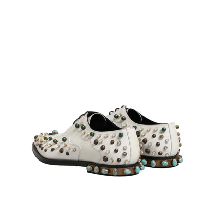 Dolce & Gabbana White Leather Crystals Embellished Derby Shoes Dolce & Gabbana