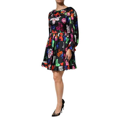 MSGM Dress Black Multicolor Floral Ruffle Long Sleeve Mini Dress