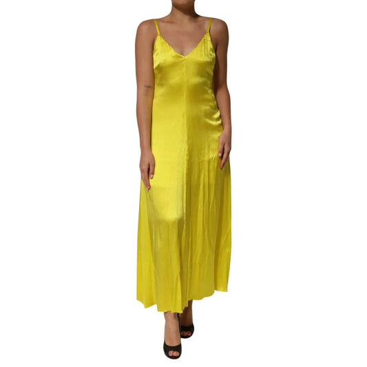 Tonello Yellow Silk Satin Slip Maxi Spaghetti Strap Maxi Dress